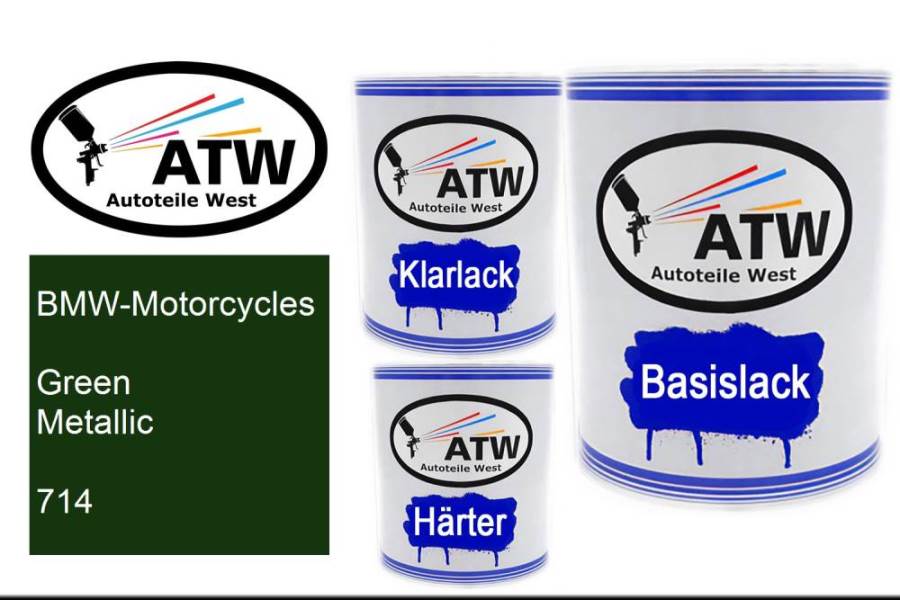 BMW-Motorcycles, Green Metallic, 714: 1L Lackdose + 1L Klarlack + 500ml Härter - Set, von ATW Autoteile West.